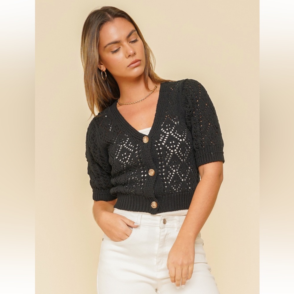NWT Crochet Sweater Black Open Knit Bubble Sleeve Button Down 100% Cotton NEW